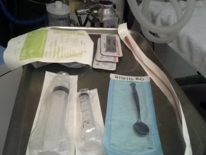 Surgical tools: syringes for flushing, scooper, catheter etc